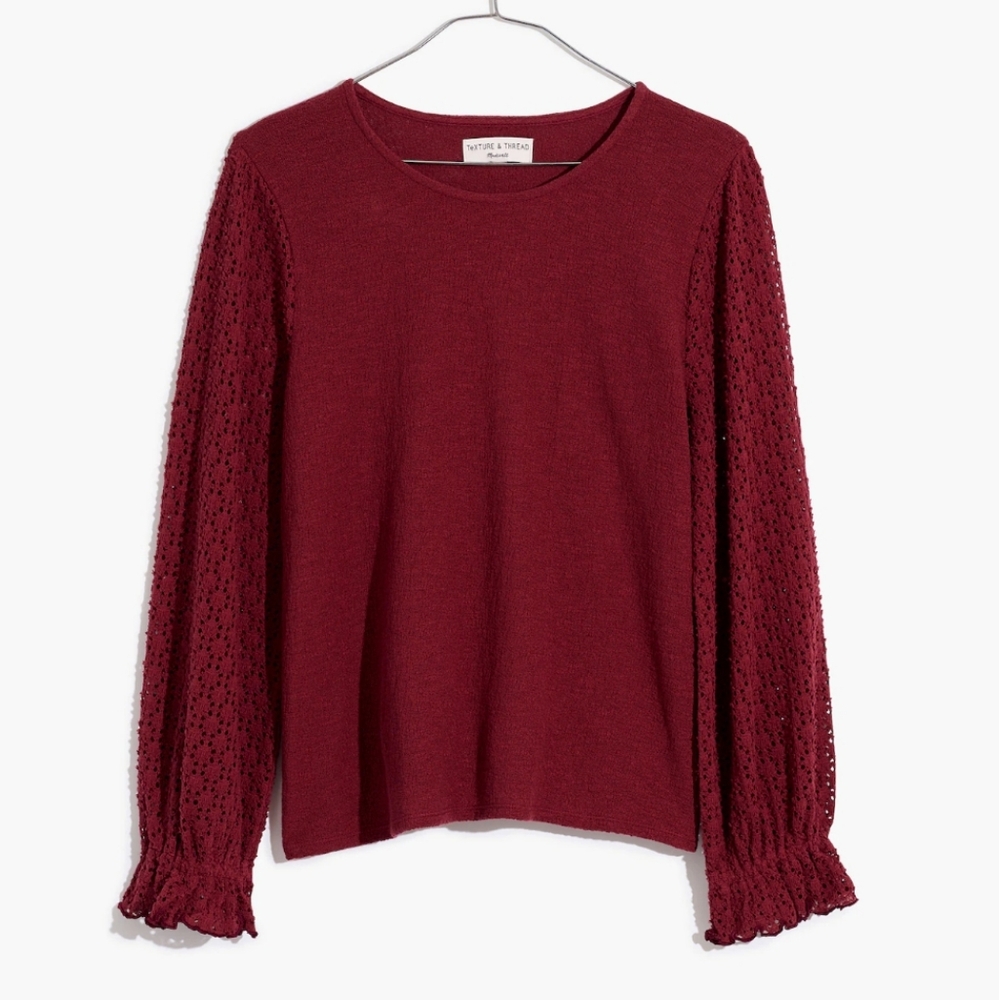 Womens Madewell Texture & Thread Eyelet Mix Ruffle-Sleeve Top Size XL